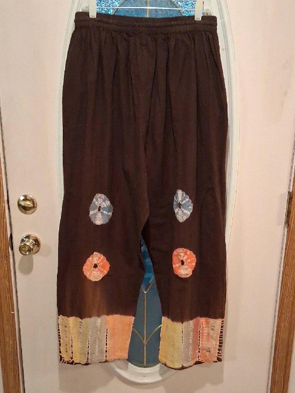 Brown Patchwork Unisex Joggers with Tie-Dye Accents W/belt Or Headband.